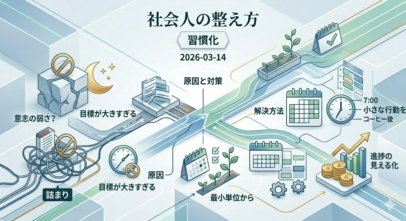 習慣化のメモと手帳を整える社会人のイメージ